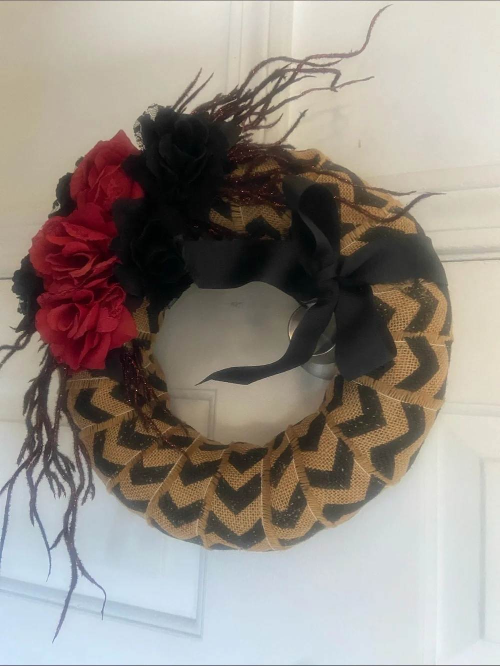 Handcrafted Red & Black Floral Headband with Chevron Burlap